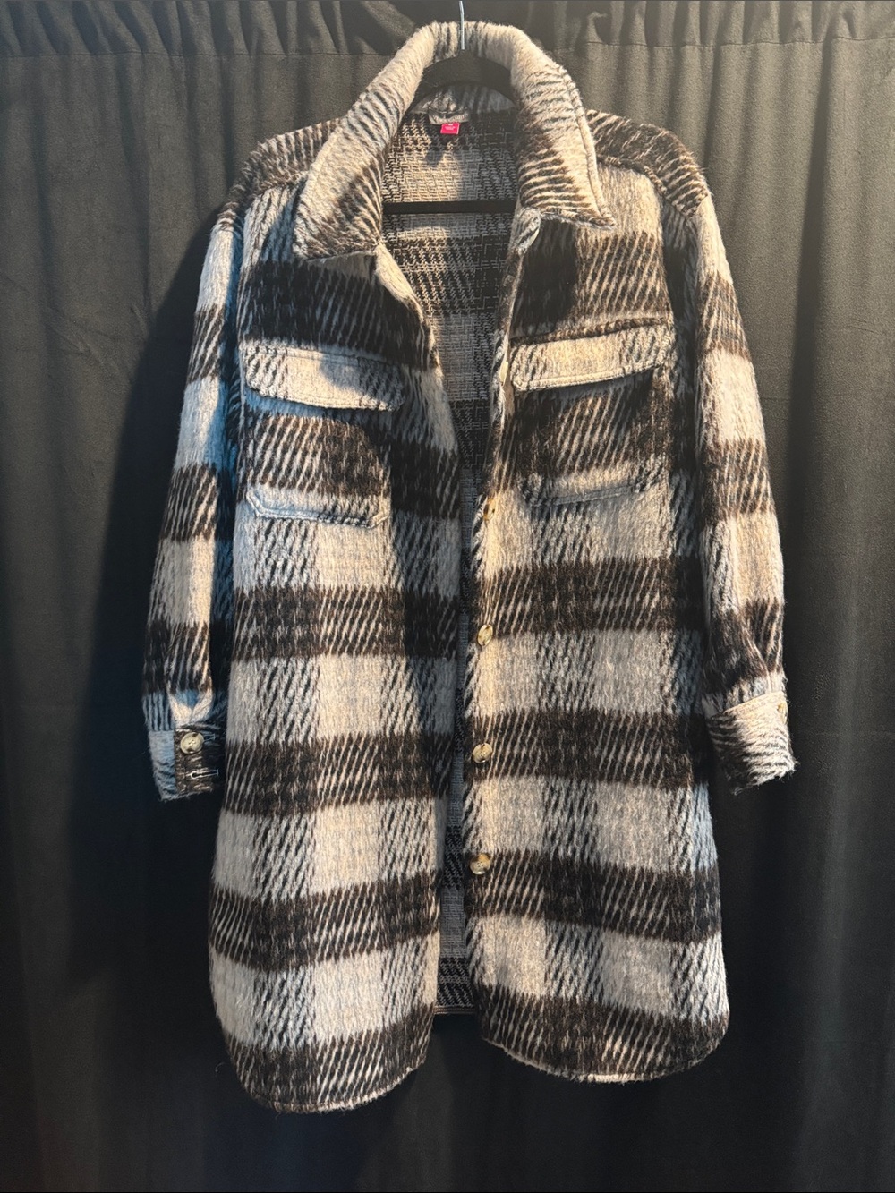 Vince Camuto Cream and Black Plaid Long Jacket
